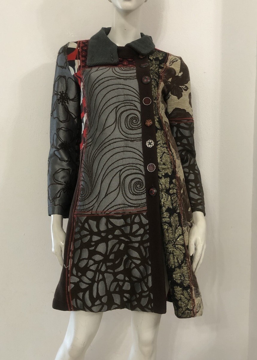DESIGUAL Cappotto beige grigio rosso fantasia multicolore Tg 38