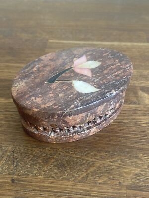 Vintage Granit Marmor ovale Schmuckschatulle mit Intarsien Perlmutt Blumen