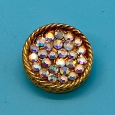 Vintage Aurora Borealis Rhinestone in Gold Tone Button   EUC