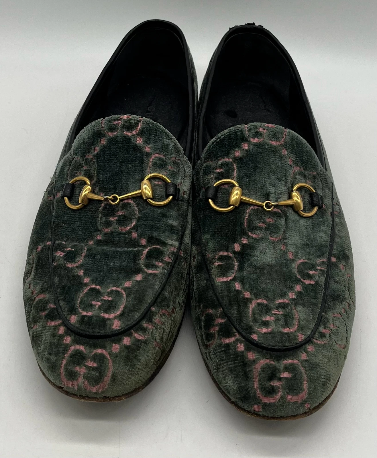 Mocassins Gucci vert/rose GG Supreme velours avec mors de cheval taille 39,5