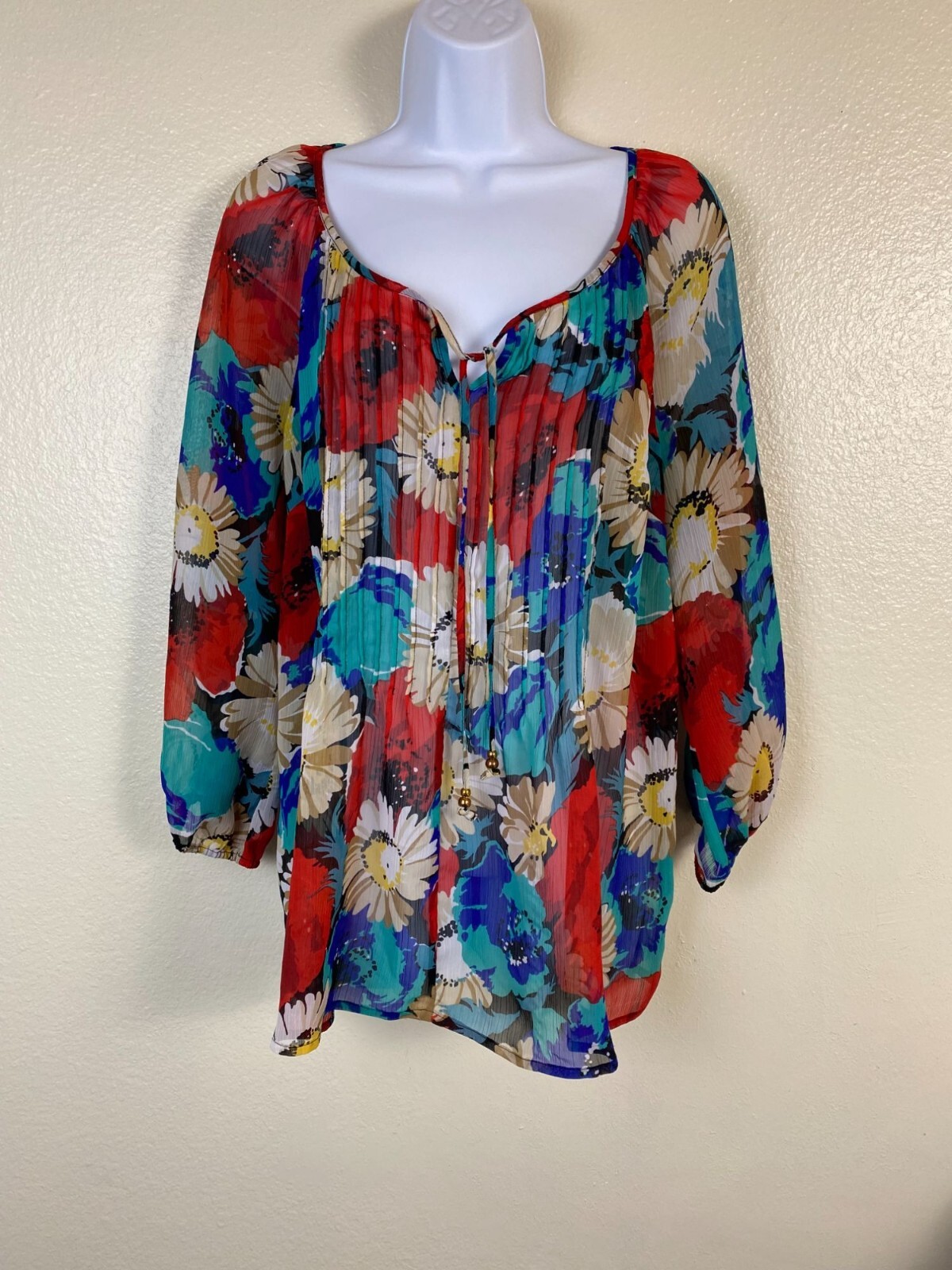 Charter Club Floral Print Semi Sheer Pleated Blouse Top size Large Boho Peasant