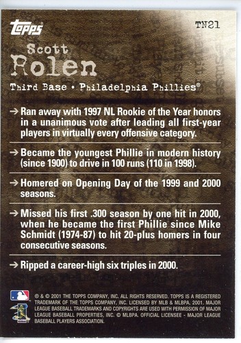 2001 Topps Noteworthy Insert #TN21 SCOTT ROLEN Phillies HOF - Picture 2 of 2