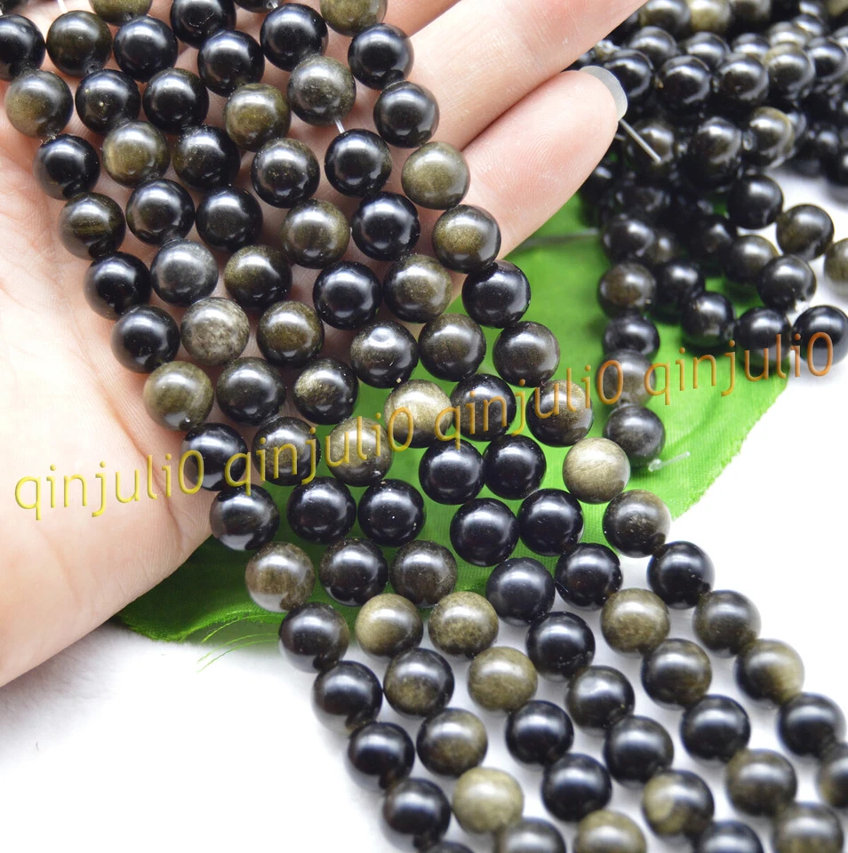 Cuentas sueltas de piedras preciosas redondas de obsidiana negra ojo dorado natural 15" 6 mm 8 mm 10 mm 12 mm Foto 4 de 4