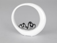 701138 Skulptur Figur Objekt Mit Herz Aus Steingut Weiss Silber HöHe 18Cm
