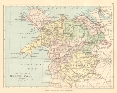 NORDWALES. Antike Landkarte. Landkreise Eisenbahnen Straßen Kanäle. PHILIP 1884 alt