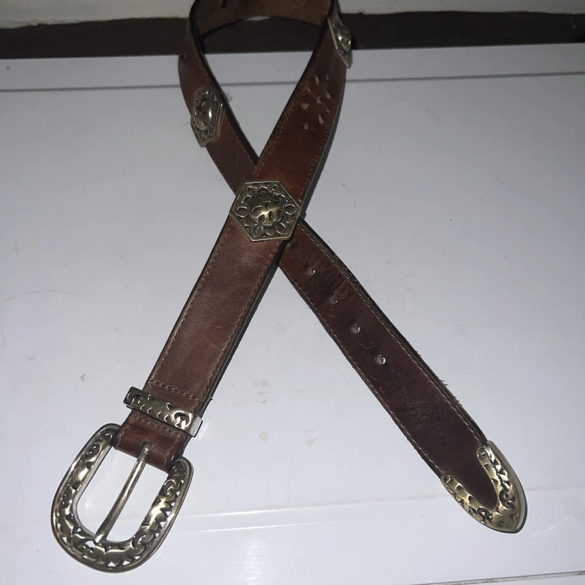Vtg 90s Brighton Black Leather Belt Women 37\'\' Silver Western Floral Squared Brighton® Women main image 3