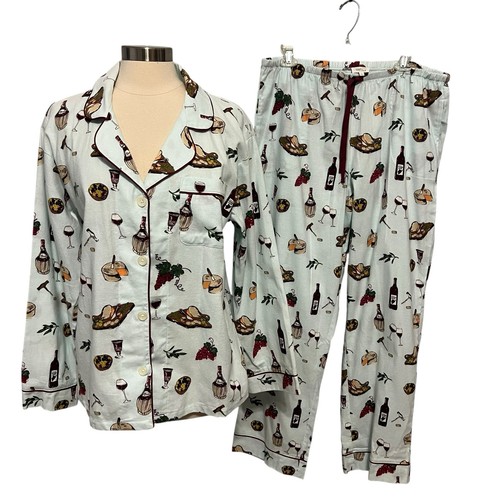 Pigiama testa letto stampa vino e formaggio taglia L manica 3/4 top e pantaloni set nuovo con etichette