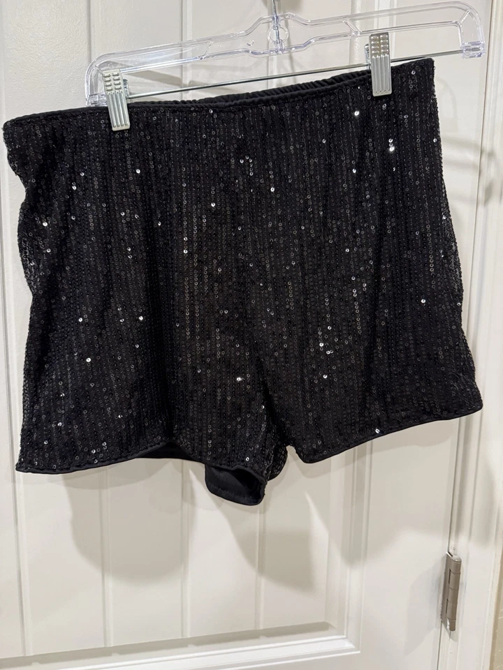 Женские черные шорты с блестками XL (США 12 / ЕС 44) — с подкладкой, эластичный пояс, вечеринка - Изображение 2 из 4