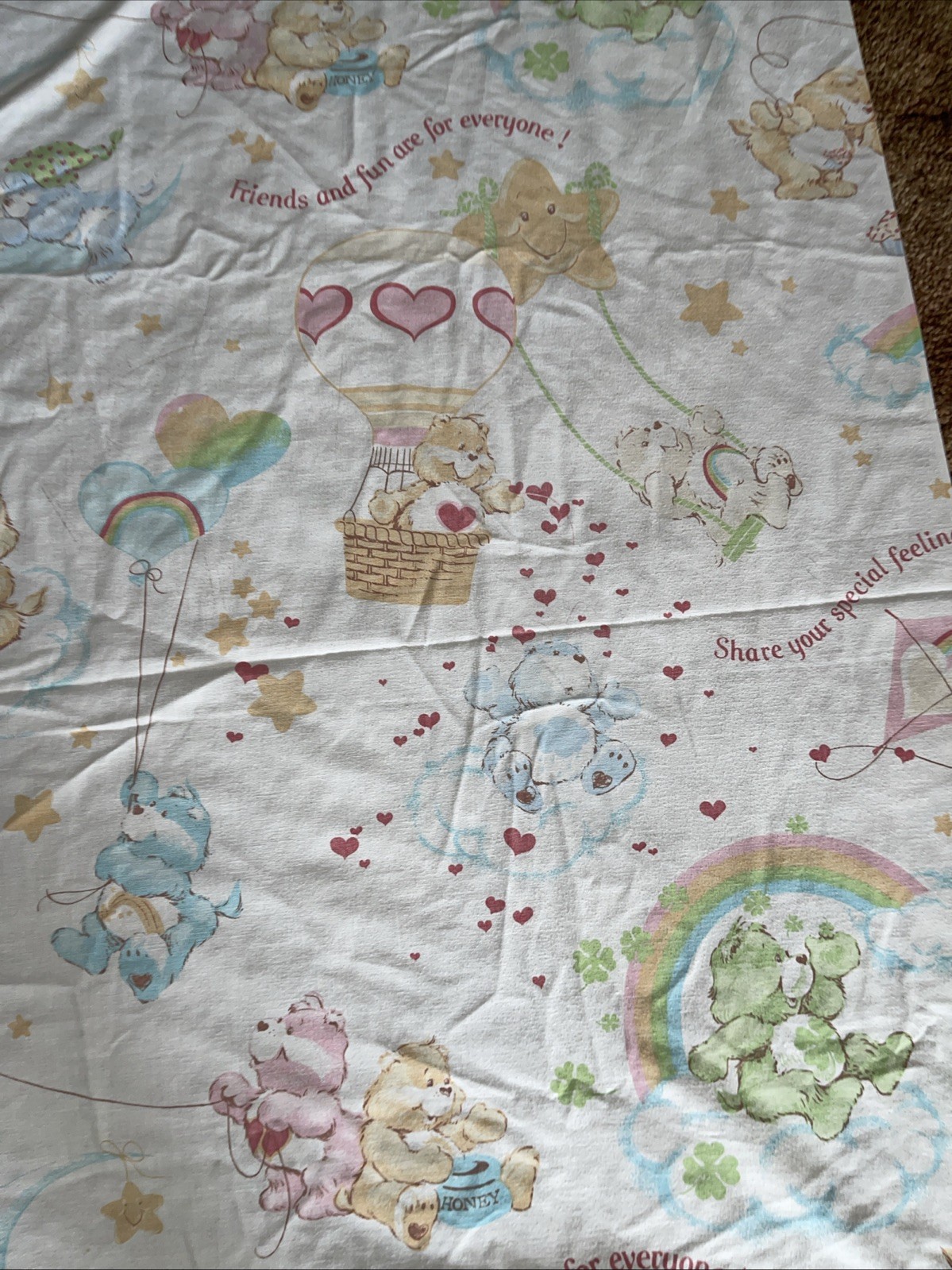Vintage 1980s Care Bears Twin Flat Sheet Pastel Hot Air Balloon
