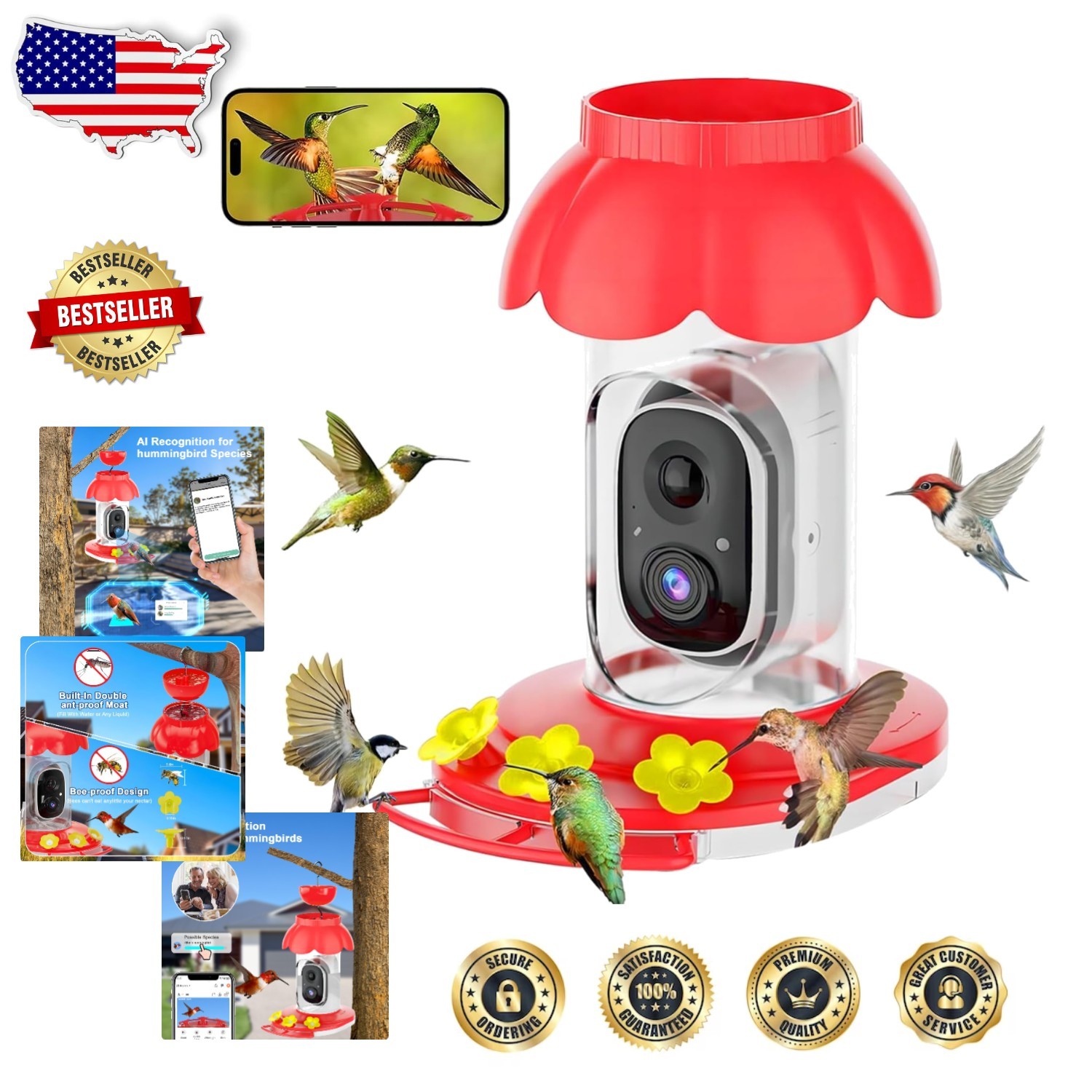 AI Bird Feeder Camera Hummingbird Smart Wireless Outdoor 1.3lb Capacity