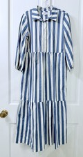 Tahari Blue White Vertical Stripe Shirt dress Midi Maxi Button Front Collar Sz M