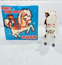 756 ~ Vintage W/U Monkey Riding Horse Tin Toy #MS 764 w/Key/box /paper - China