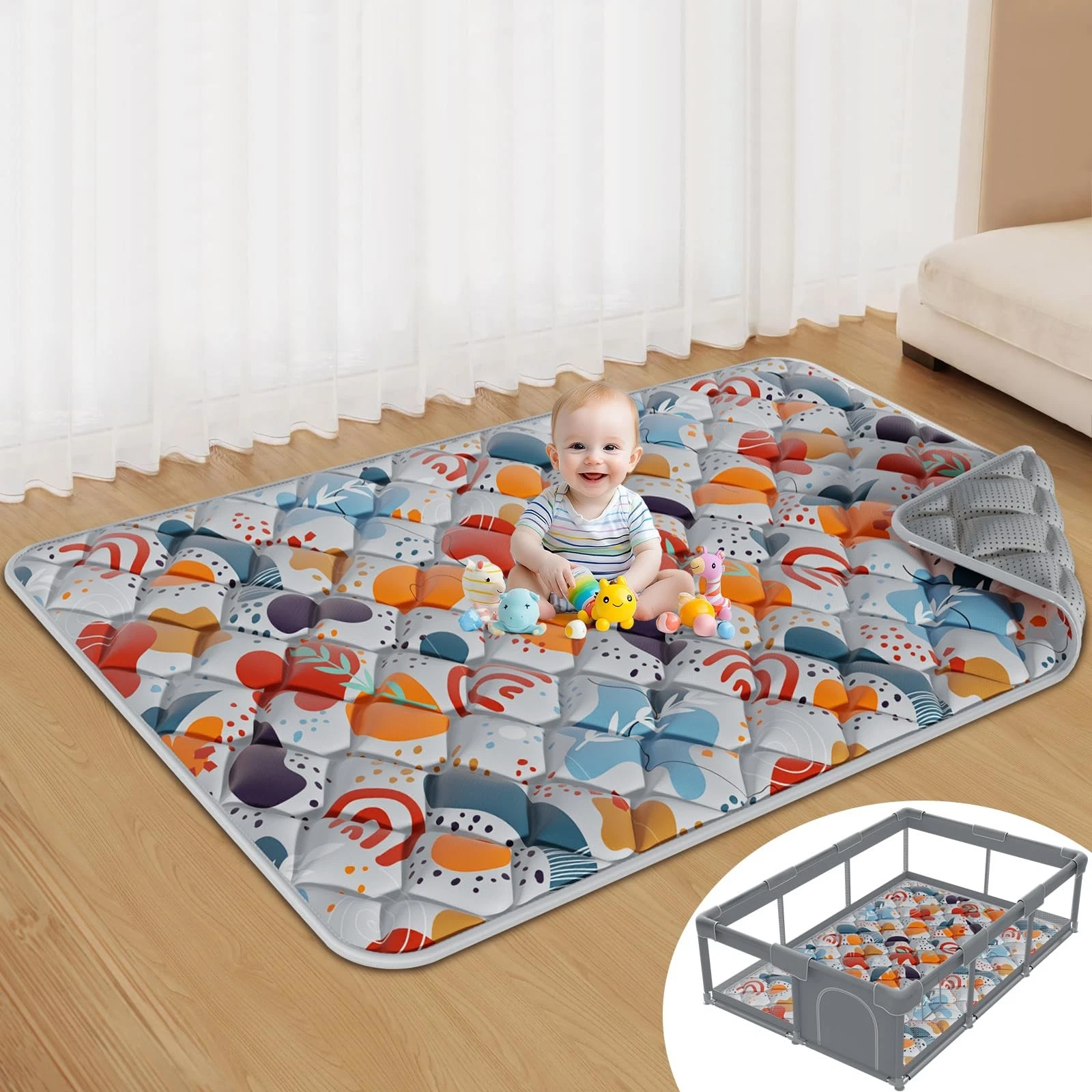 Jaobeem Baby Play Mats for Floor, Foldable 74x50 Playpen Mat Grey, Thicken Cu...
