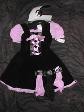 Girls MEDIUM 8-10 Purple Black WITCH Halloween Costume w/ Hat Skull Accents