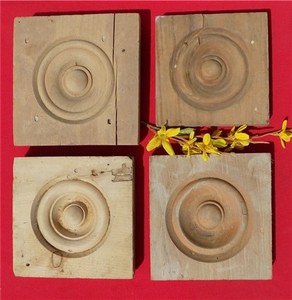 4 Plinth Blocks, Antique Bullseye Rosettes, Architectural Salvage, Wood Trim A20