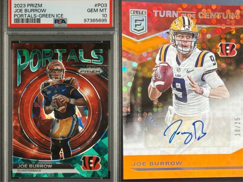 2020 Donruss Elite Joe Burrow Auto /25 And 2023 Prizm Joe Burrow Portals PSA 10