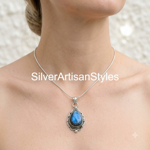 Natural Labradorite Pendant 925 Sterling Silver Handmade Boho Statement Jewelry