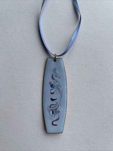 Decorative Enamel Pendant Made From Copper. 6cm Long Light Blue marble Design.