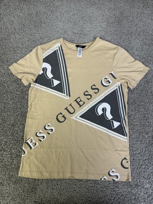 GUESS Shirt Boys L Beige Triangle ? Logo Graphic Crewneck Cotton Jersey Top