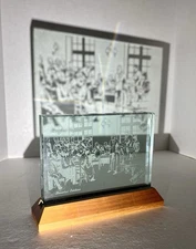 Limited Edition Pharmaceutical PROZAC Glass Wood Paperweight Plaque Advertising