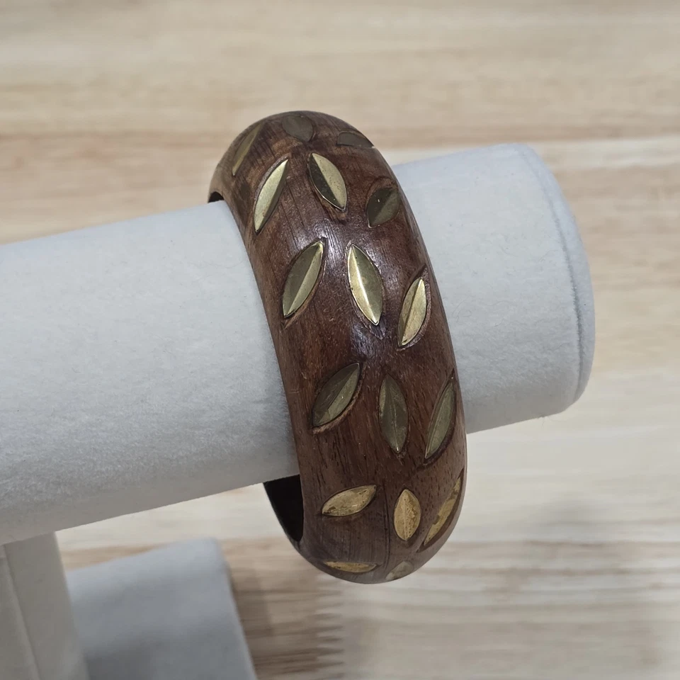 Brazalete Bohemio Grueso Madera Pulsera Tallado Latón Incrustaciones Madera Marrón Foto 2 de 4