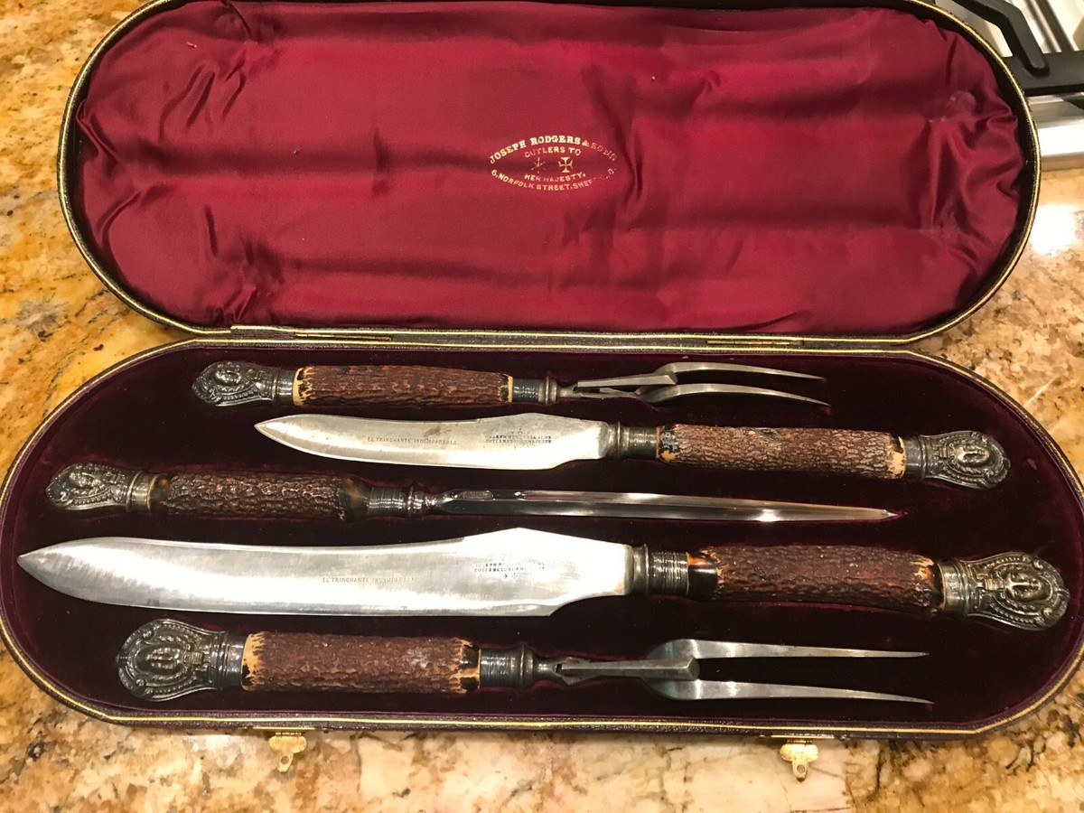 Victorian Joseph Rogers & Sons 5PC Antler & Silver Handled Carving