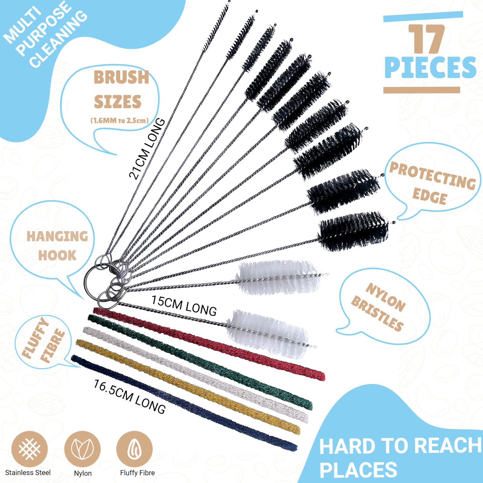 Pipe Cleaners Set of 17 Cleaning Brushes for Small Spaces Multi-Size Straw Windo - Picture 2 of 12