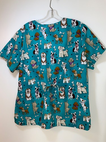 SB Womens L Scrub Top Tie Back Teal With Dogs Veteranarian Uniform Poly Cotton - Picture 5 of 9