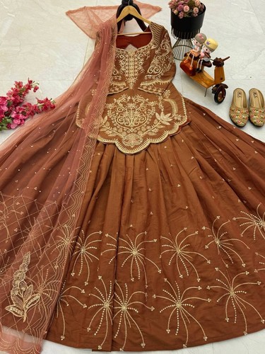 Wedding Style Brown Simmer Silk Top Lehenga With Dupatta For Women & Girls - Picture 12 of 15