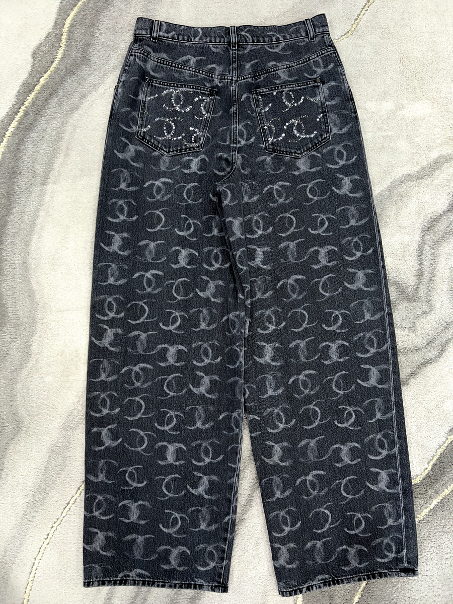 Chanel 23B Runway Black Denim White CC Printed Logo Baggy