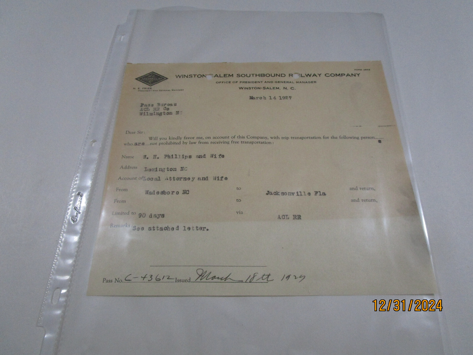 Winston Salem Southbound Railway Trip Pass W H Phillips & Wife Lexington Nc 3/27