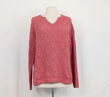 Peace Love World Sweater Dark Rose Pink Open Stitch Novelty Misses Size M