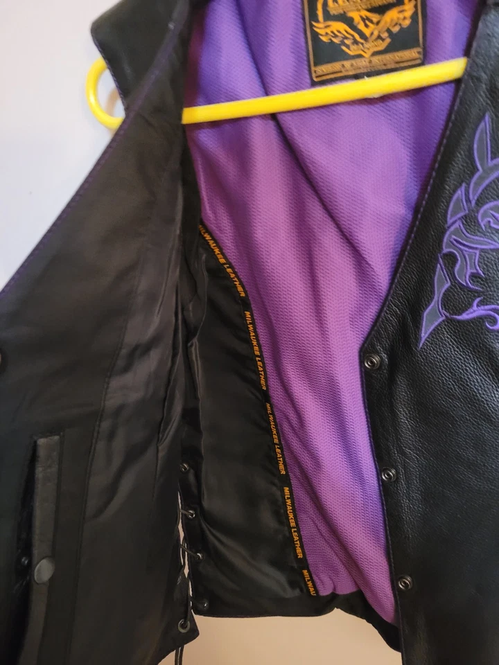 Milwaukee Leather Biker Vest Women Large Black Purple V-Neck  Side Tied (E2) - Image 4 of 4