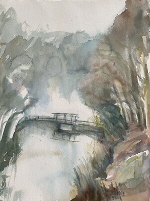 Prof Dr Alfred Behle 1935-97 Kleine Brücke im Park Nebel Herbst Impressionismus