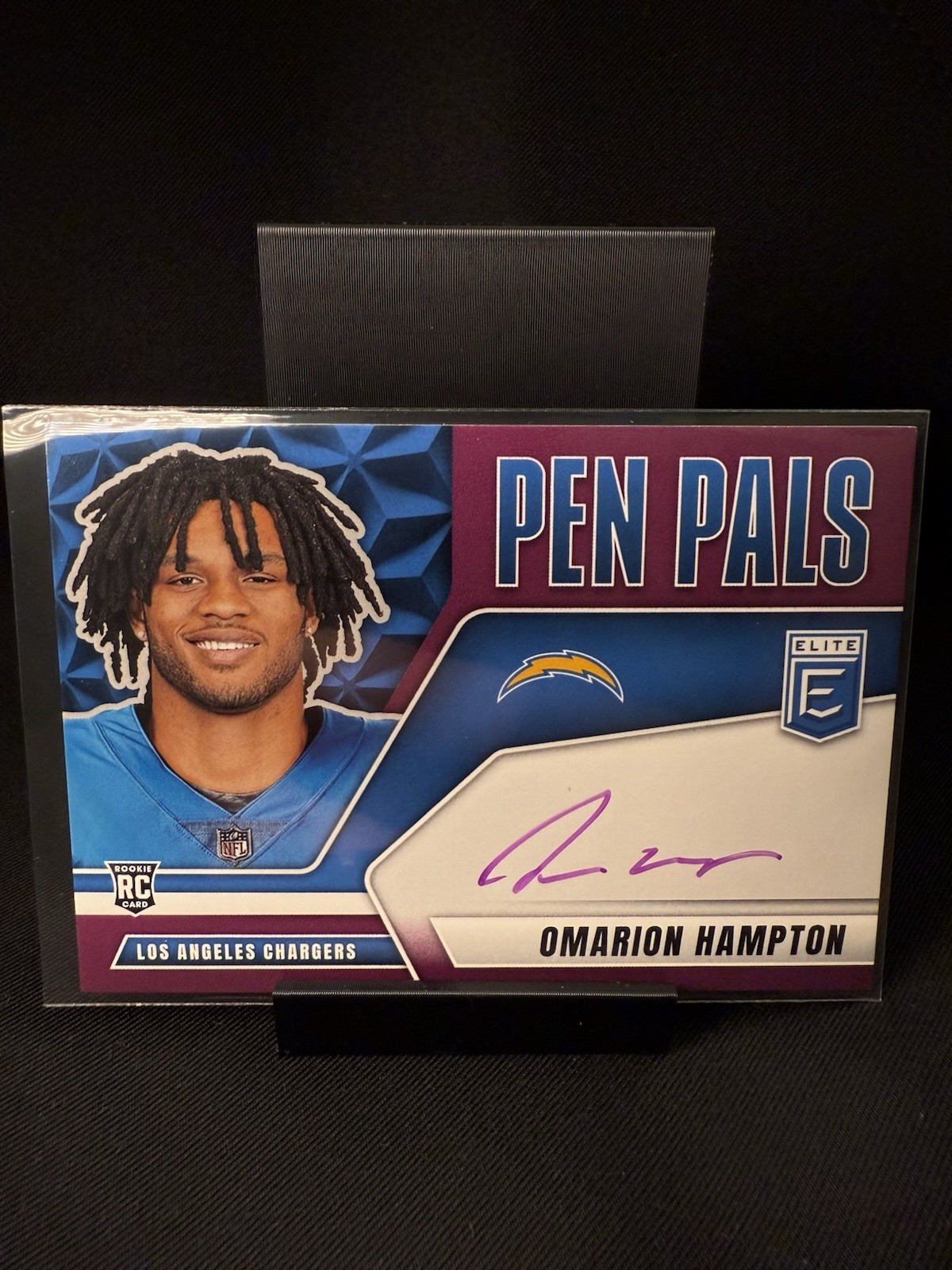 2025 Donruss Elite Pen Pals Auto RC Purple Ink Omarion Hampton SSP Chargers