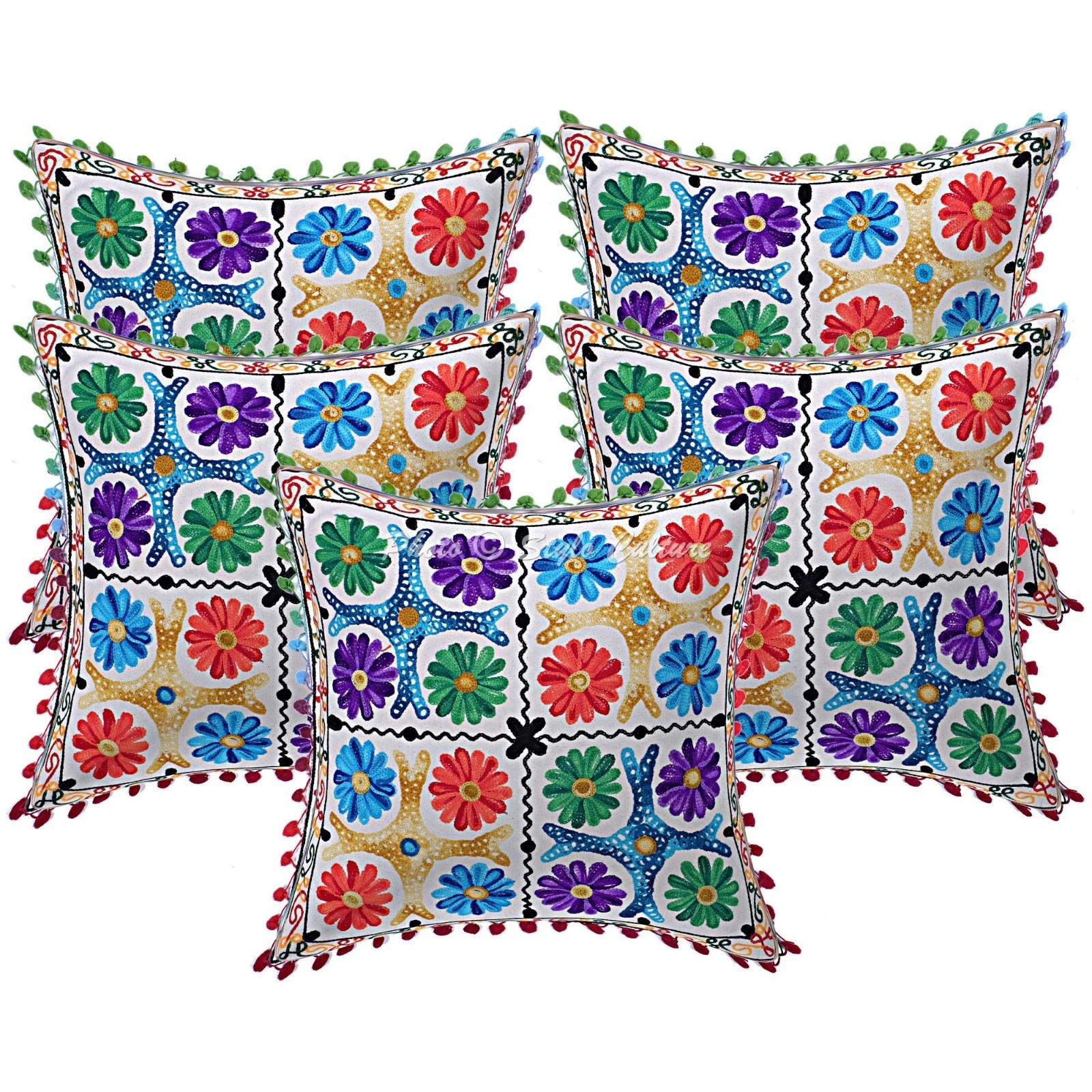Ethnic Suzani Embroidered Pom Pom Throw Pillow Covers Cotton Floral Home Decor