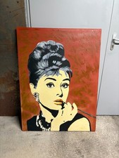 Ancien Tableau Peinture Huile Toile Femme Portrait Audrey Hepburn Hollywood