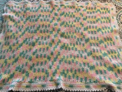 Crochet Baby Blanket 32x48 Pink, Green, Yellow Cottage Core