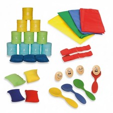XL Kinderparty-Set, 5 Partyspiele für Kindergeburtstag, Sackhüpfen, Dosenwerfen