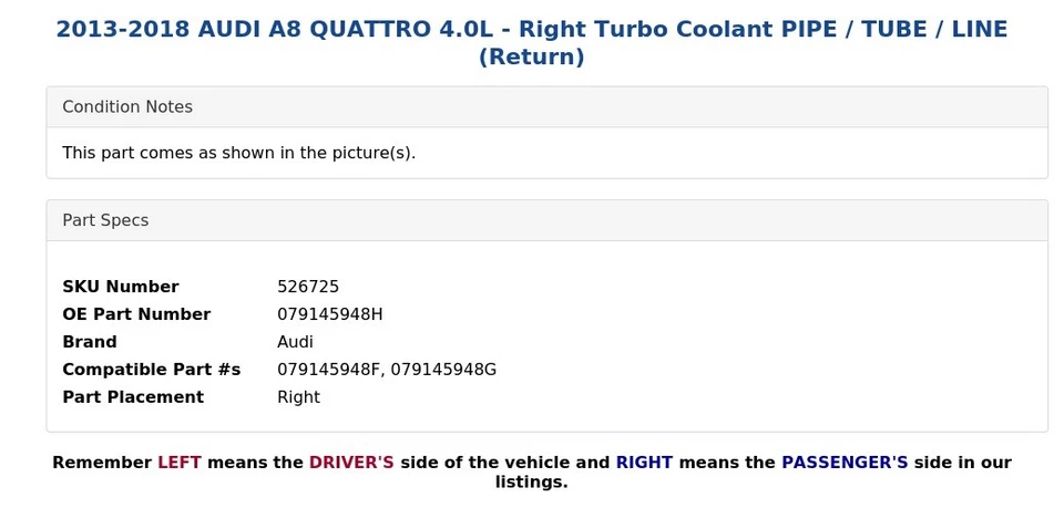 AUDI A8 QUATTRO 2013-2018 4,0 L - TUBO/LÍNEA refrigerante turbo derecho (retorno) Foto 4 de 4