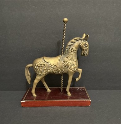 Vintage Solid Brass Wood Base Merry-Go-Round Carousel Horse Figurine Mfg. Korea