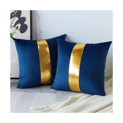 Artscope Navy Blue Velvet Throw Pillow Covers with Gold Leather Stitching Lux...