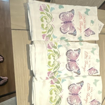True Living Cotton Kitchen & Tea Towels Set of 3 Butterflies Floral White Purple