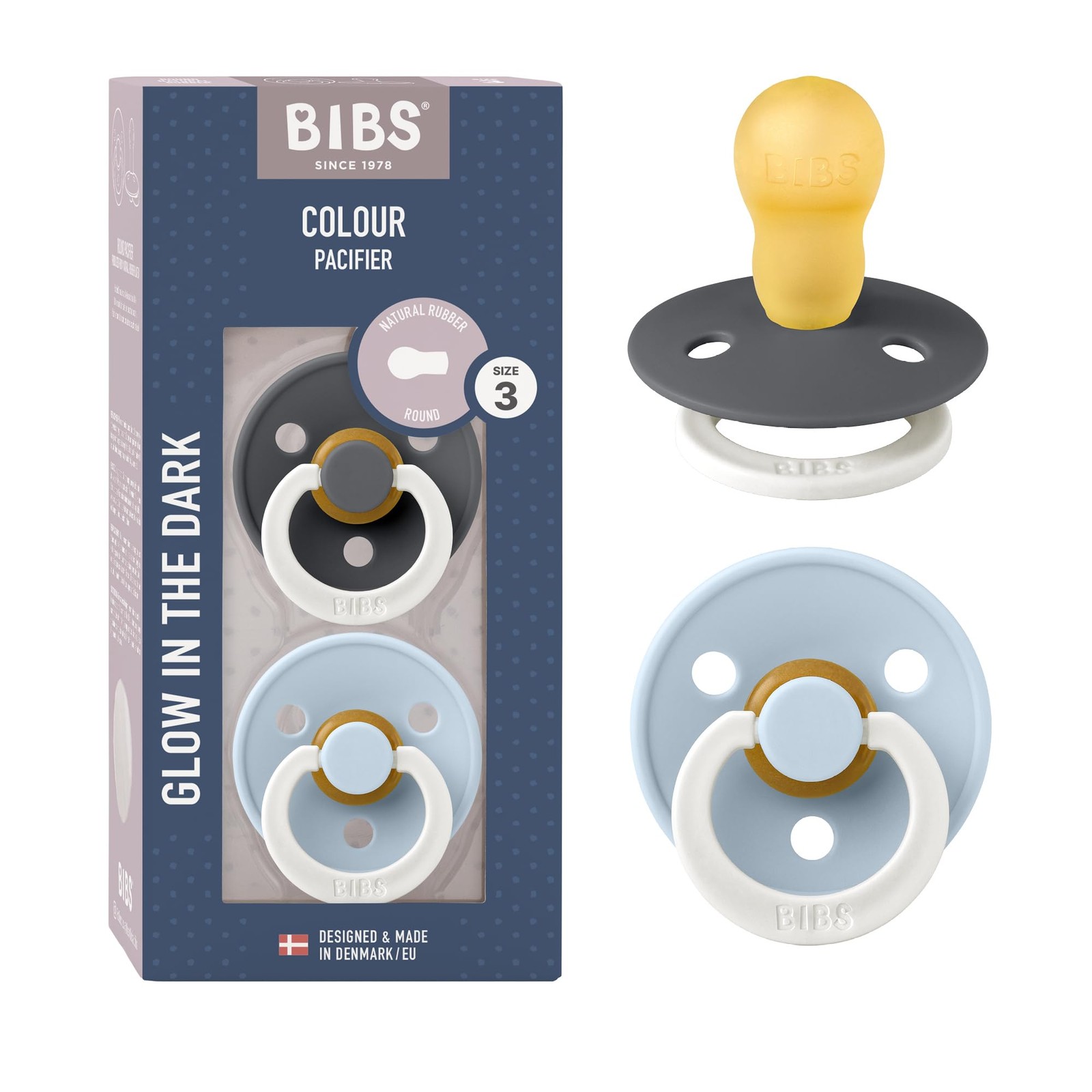 BIBS Colour Night Glow in 18+ Months (Pack of 2), Iron / Baby Blue