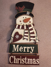 Snowman Merry Christmas Wood Hanging Wall Plaque Sign Vertical 19x9 Metal