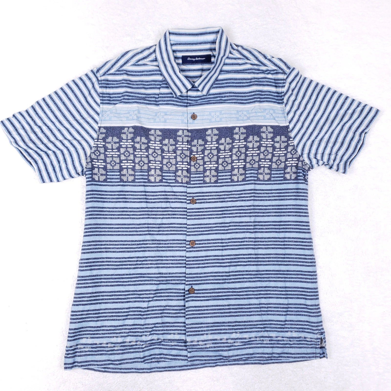 Tommy Bahama Shirt Men Large Silk Striped Geometric Floral Blue Hawaiian Coastal