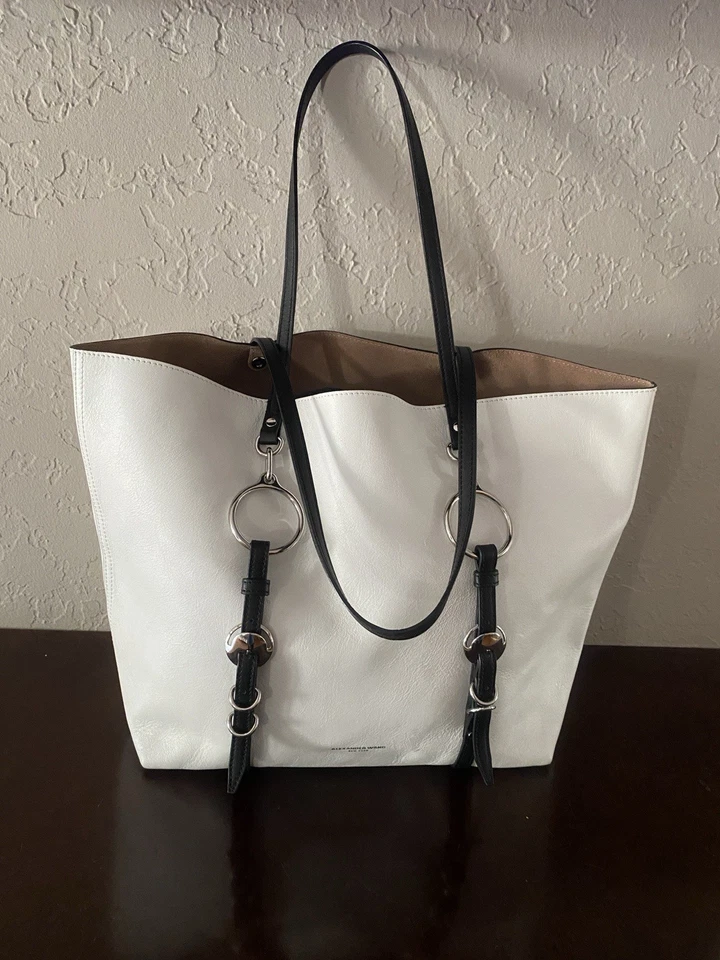 ALEXANDER WANG ACE 大号托特包购物袋白色皮革黑色饰边罕见 795 美元 — 第 2/4 张图片