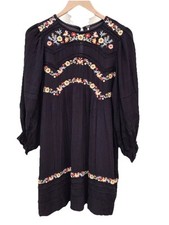 Free People Embroidered Deep Purple Festival Boho Prairie Hippie Dress UK 10 12