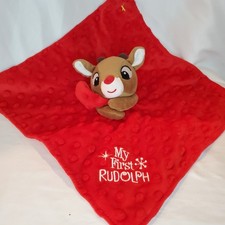 My First Rudolph Red Nosed Reindeer Lovey Rattle Security Blanket Minky Dots