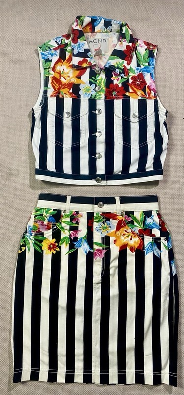 Vtg. 80s 90s MONDI Vest Mini Skirt Set BOLD GRAPHICS Stripes Flowers Euro 36 38